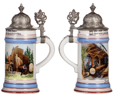 Two porcelain steins, .5L, transfer & hand-painted, Occupational Landmann [Farmer], pewter lid, faint lithophane lines, a little base band wear; with, Occupational Säger [Lumberyard Sawyer], pewter lid, slight pewter tear & finial attachment repaired. - 3