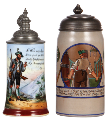 Two steins, porcelain, .5L, transfer & hand-painted, hunter, pewter lid, mint; with, stoneware, 1.0L, transfer & hand-painted, by F. Ringer, pewter lid, mint.
