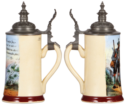 Two steins, porcelain, .5L, transfer & hand-painted, hunter, pewter lid, mint; with, stoneware, 1.0L, transfer & hand-painted, by F. Ringer, pewter lid, mint. - 2