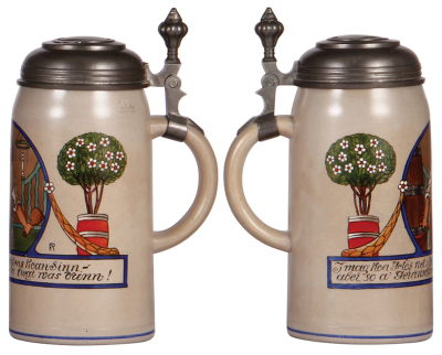 Two steins, porcelain, .5L, transfer & hand-painted, hunter, pewter lid, mint; with, stoneware, 1.0L, transfer & hand-painted, by F. Ringer, pewter lid, mint. - 3