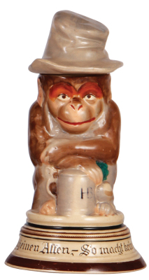 Character stein, .5L, pottery, marked 661, Monkey with Beer Stein, two small base chips & 1" line at top rim.