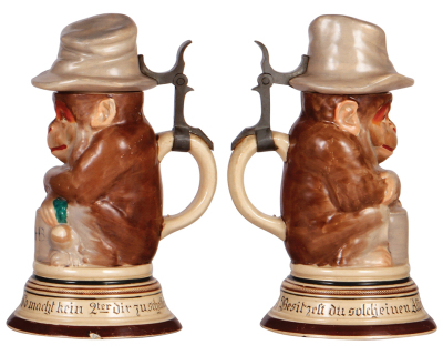 Character stein, .5L, pottery, marked 661, Monkey with Beer Stein, two small base chips & 1" line at top rim. - 2