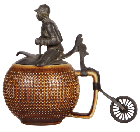 Character stein, .5L, stoneware, High Wheel Bicycle, stein body is modern Merkelbach stoneware replacement, pewter is original, pewter repaired, otherwise mint, displays very well.