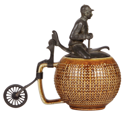 Character stein, .5L, stoneware, High Wheel Bicycle, stein body is modern Merkelbach stoneware replacement, pewter is original, pewter repaired, otherwise mint, displays very well. - 3