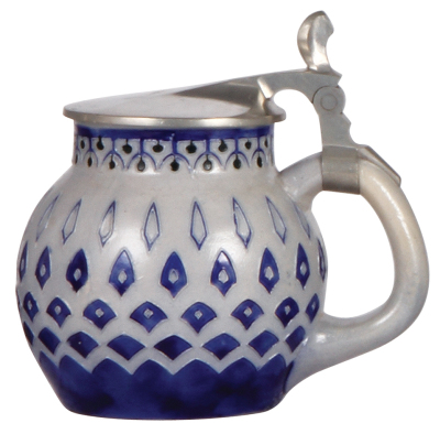 Stoneware stein, .5L, relief, marked 1728, made by Reinhold Merkelbach, designed by R. Riemerschmid, blue saltglaze, Art Nouveau, pewter lid, mint.