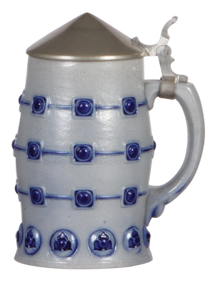 Stoneware stein, .25L, marked 1519B, made by Gerz, blue saltglaze, Art Nouveau, pewter lid, mint.