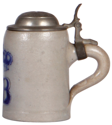 Stoneware stein, 4.1'' ht., incised, blue saltglaze, HB, matching relief pewter lid, mint. - 2