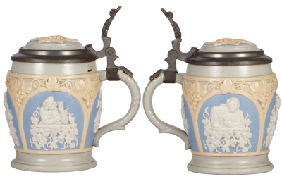 Two Mettlach steins, .5L, 1266, relief, inlaid lid, interior browning, otherwise mint; with, .5L, 228, earlyware, inlaid lid, mint, - 2