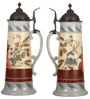 Mettlach stein, 3.0L, 17.0" ht., 3086, etched, pewter lid, good handle & base break repairs, interior bottom needs repainting. - 2