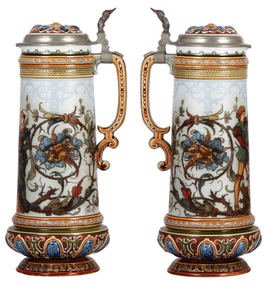 Mettlach stein, 2.1L, 14.3" ht., 1734, etched, by C. Warth, inlaid lid, factory firing line around body visible in interior. - 2