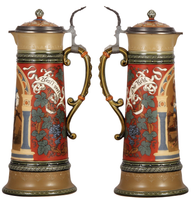 Mettlach stein, 3.0L, 16.5" ht., 2430, etched, inlaid lid, good repair on bottom of handle, owner I.D. under base. - 2