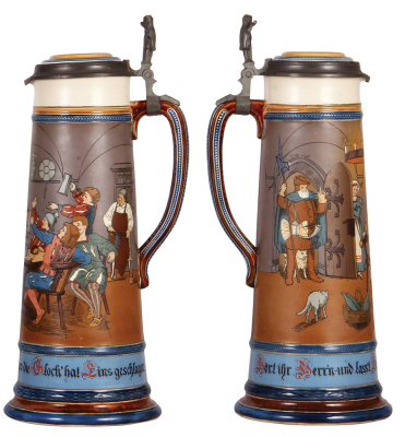 Mettlach stein, 2.7L, 16.4" ht., 2428, etched, inlaid lid, very good base repair, underside of base color turning pink. - 2