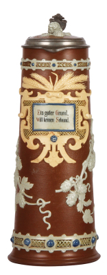 Mettlach stein, 2.0L, 14.5" ht., 1737, relief, inlaid lid, mint.