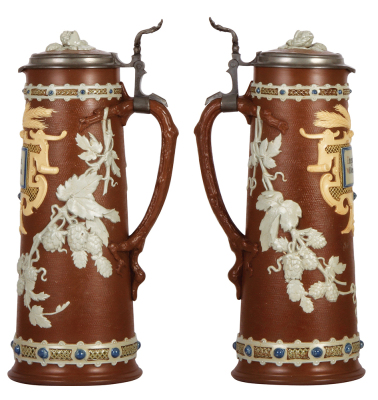 Mettlach stein, 2.0L, 14.5" ht., 1737, relief, inlaid lid, mint. - 2