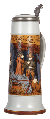 Mettlach stein, 2.8L, 16.1" ht., 2921, etched, inlaid lid, two very small base flakes.