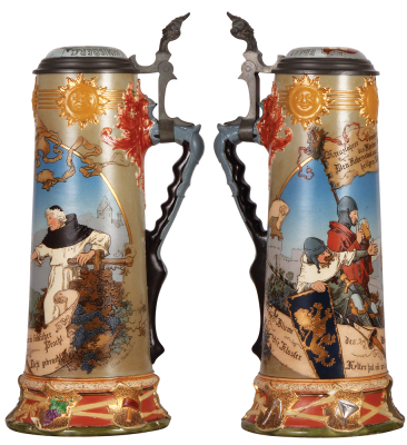 Mettlach stein, 3.8L, 2122, etched, inlaid lid, by H. Schlitt, base cracks partially repaired, needs completion. - 2