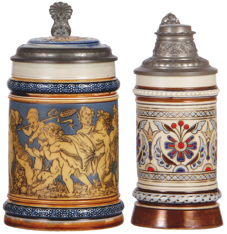 Two Mettlach steins, .5L, 2025, etched, inlaid lid, mint; with, .3L, 1121, mosaic, original pewter lid, mint.