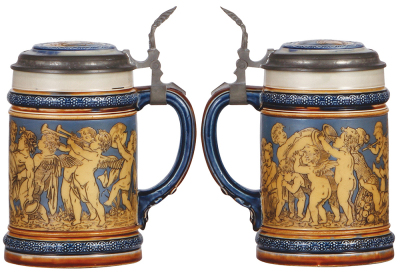 Two Mettlach steins, .5L, 2025, etched, inlaid lid, mint; with, .3L, 1121, mosaic, original pewter lid, mint. - 2