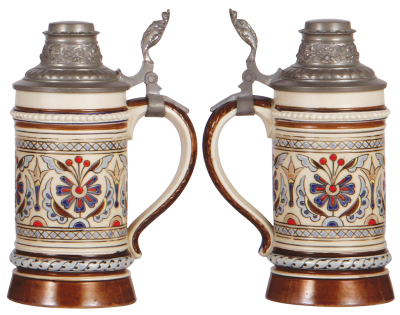 Two Mettlach steins, .5L, 2025, etched, inlaid lid, mint; with, .3L, 1121, mosaic, original pewter lid, mint. - 3