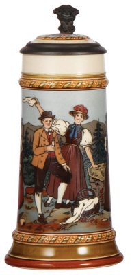 Mettlach stein, .5L, 2768, etched, inlaid lid, mint.