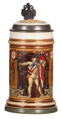 Mettlach stein, .5L, 1914, etched, inlaid lid, mint.