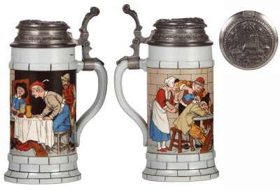 Mettlach stein, 1.0L, 2880, etched, relief pewter lid, missing center hinge ring, otherwise mint. - 2