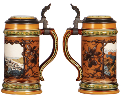 Mettlach stein, .5L, 1675, etched, Heidelberg, inlaid lid, mint. - 2