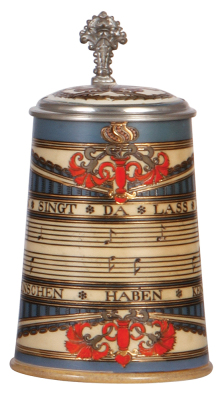 Mettlach stein, .5L, 2097, etched, inlaid lid, two flakes on inlay edge.