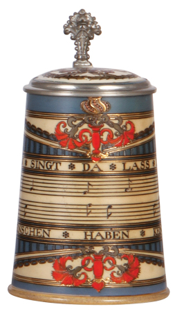 Mettlach stein, .5L, 2097, etched, inlaid lid, two flakes on inlay edge.