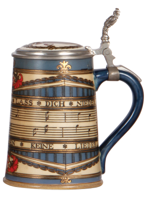 Mettlach stein, .5L, 2097, etched, inlaid lid, two flakes on inlay edge. - 2