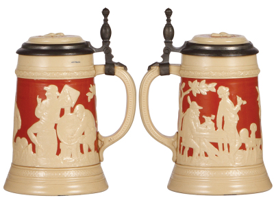 Two Mettlach steins, .5L, 2182 & 1727, relief, inlaid lids, mint. - 2