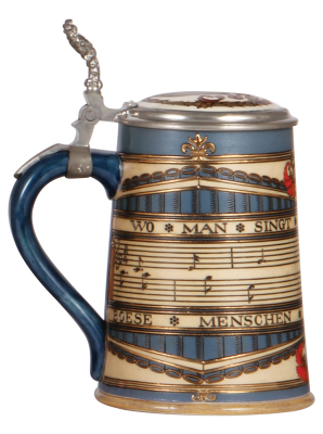 Mettlach stein, .5L, 2097, etched, inlaid lid, two flakes on inlay edge. - 3