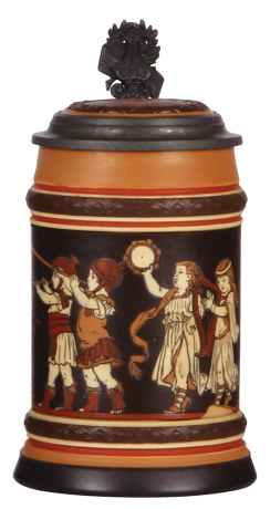 Mettlach stein, .5L, 2302, etched, inlaid lid, popped blister under harpist’s feet.