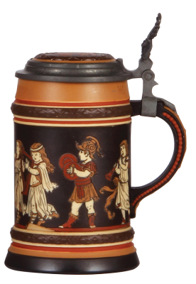 Mettlach stein, .5L, 2302, etched, inlaid lid, popped blister under harpist’s feet. - 2