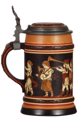 Mettlach stein, .5L, 2302, etched, inlaid lid, popped blister under harpist’s feet. - 3