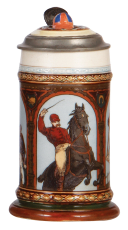 Mettlach stein, .5L, 1733, etched, Jockey stein, inlaid lid, repaired inlay, tight 2" hairline in front, some interior glaze browning.