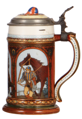 Mettlach stein, .5L, 1733, etched, Jockey stein, inlaid lid, repaired inlay, tight 2" hairline in front, some interior glaze browning. - 2