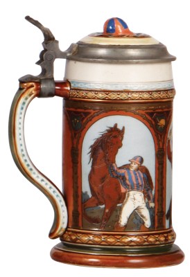 Mettlach stein, .5L, 1733, etched, Jockey stein, inlaid lid, repaired inlay, tight 2" hairline in front, some interior glaze browning. - 3