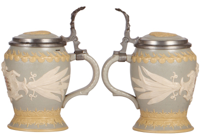Two Mettlach steins, .5L, 2182 & 1727, relief, inlaid lids, mint. - 3