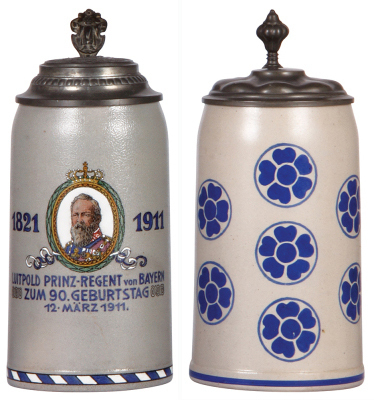 Two stoneware steins, 1.0L, transfer & hand-painted, Luitpold Prinz Regent von Bayern, 12. März, 1911, relief pewter lid: Munich scene, mint; with, 1.0L, transfer & hand-painted, marked M & W. Gr., design by L. Hohlwein, pewter lid, mint.