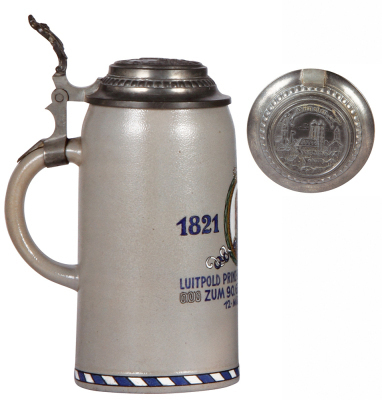 Two stoneware steins, 1.0L, transfer & hand-painted, Luitpold Prinz Regent von Bayern, 12. März, 1911, relief pewter lid: Munich scene, mint; with, 1.0L, transfer & hand-painted, marked M & W. Gr., design by L. Hohlwein, pewter lid, mint. - 3