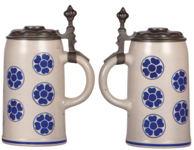 Two stoneware steins, 1.0L, transfer & hand-painted, Luitpold Prinz Regent von Bayern, 12. März, 1911, relief pewter lid: Munich scene, mint; with, 1.0L, transfer & hand-painted, marked M & W. Gr., design by L. Hohlwein, pewter lid, mint. - 4