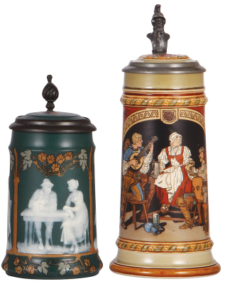 Two Mettlach steins, .5L, 2755, cameo & etched, by Stahl, inlaid lid, long hairline repaired is yellowing; with, .5L, 2693, etched, inlaid lid, repaired hairline in body & handle.
