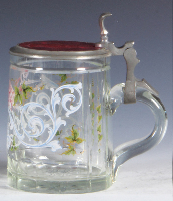 Two glass steins, .5L, blown, enameled, Lamm Gottes, pewter lid, some gold wear, otherwise mint; with, .5L, blown, c.1860, cut, enameled, ruby-flashed glass inlaid lid: wheel-engraved, St. Klara, mint. - 3