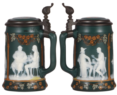 Two Mettlach steins, .5L, 2755, cameo & etched, by Stahl, inlaid lid, long hairline repaired is yellowing; with, .5L, 2693, etched, inlaid lid, repaired hairline in body & handle. - 2