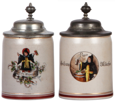 Two stoneware steins, .25L, transfer & hand-painted, by Marzi & Remy, Gruss aus München, pewter lid, mint.