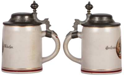 Two stoneware steins, .25L, transfer & hand-painted, by Marzi & Remy, Gruss aus München, pewter lid, mint. - 3