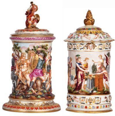 Two porcelain items, pokal, 2.5L, 13.1" ht., hand-painted & relief, marked N with crown, Capo-di-Monte, set-on lid, good finial & base chip repairs, no metalwork; with, stein, 2.5L, 12.1" ht., hand-painted & relief, marked N with crown, Capo-di-Monte, set