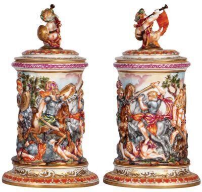 Two porcelain items, pokal, 2.5L, 13.1" ht., hand-painted & relief, marked N with crown, Capo-di-Monte, set-on lid, good finial & base chip repairs, no metalwork; with, stein, 2.5L, 12.1" ht., hand-painted & relief, marked N with crown, Capo-di-Monte, set - 3