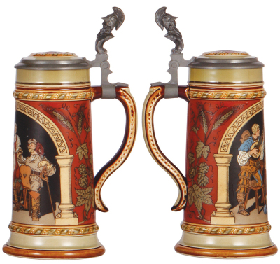Two Mettlach steins, .5L, 2755, cameo & etched, by Stahl, inlaid lid, long hairline repaired is yellowing; with, .5L, 2693, etched, inlaid lid, repaired hairline in body & handle. - 3
